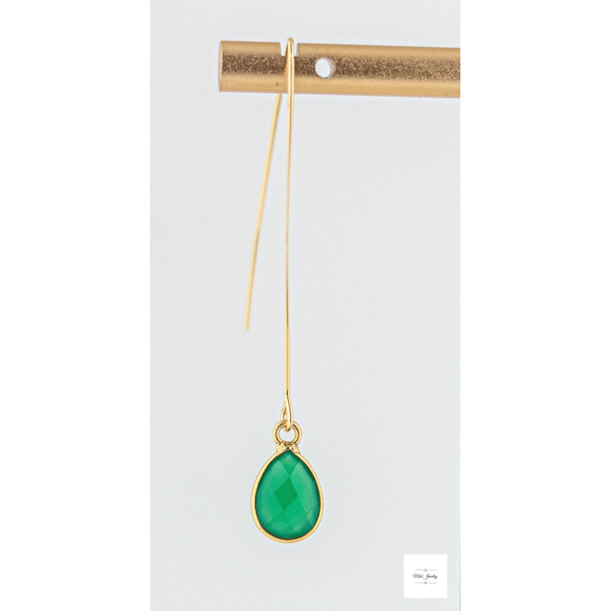 Dainty Green Onyx Earrings: Fishhook Style Long Gold Earrings