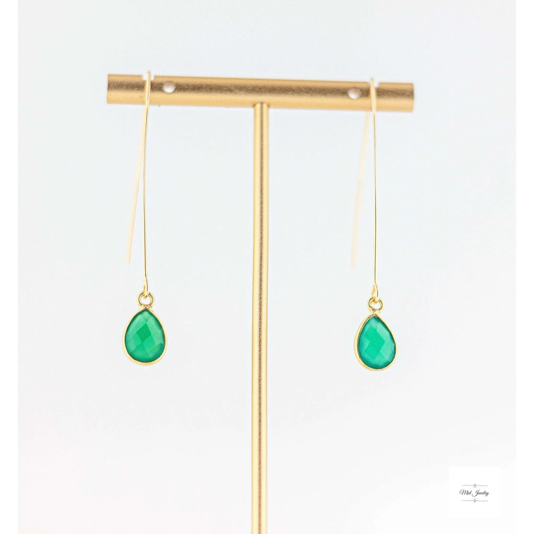 Dainty Green Onyx Earrings: Fishhook Style Long Gold Earrings