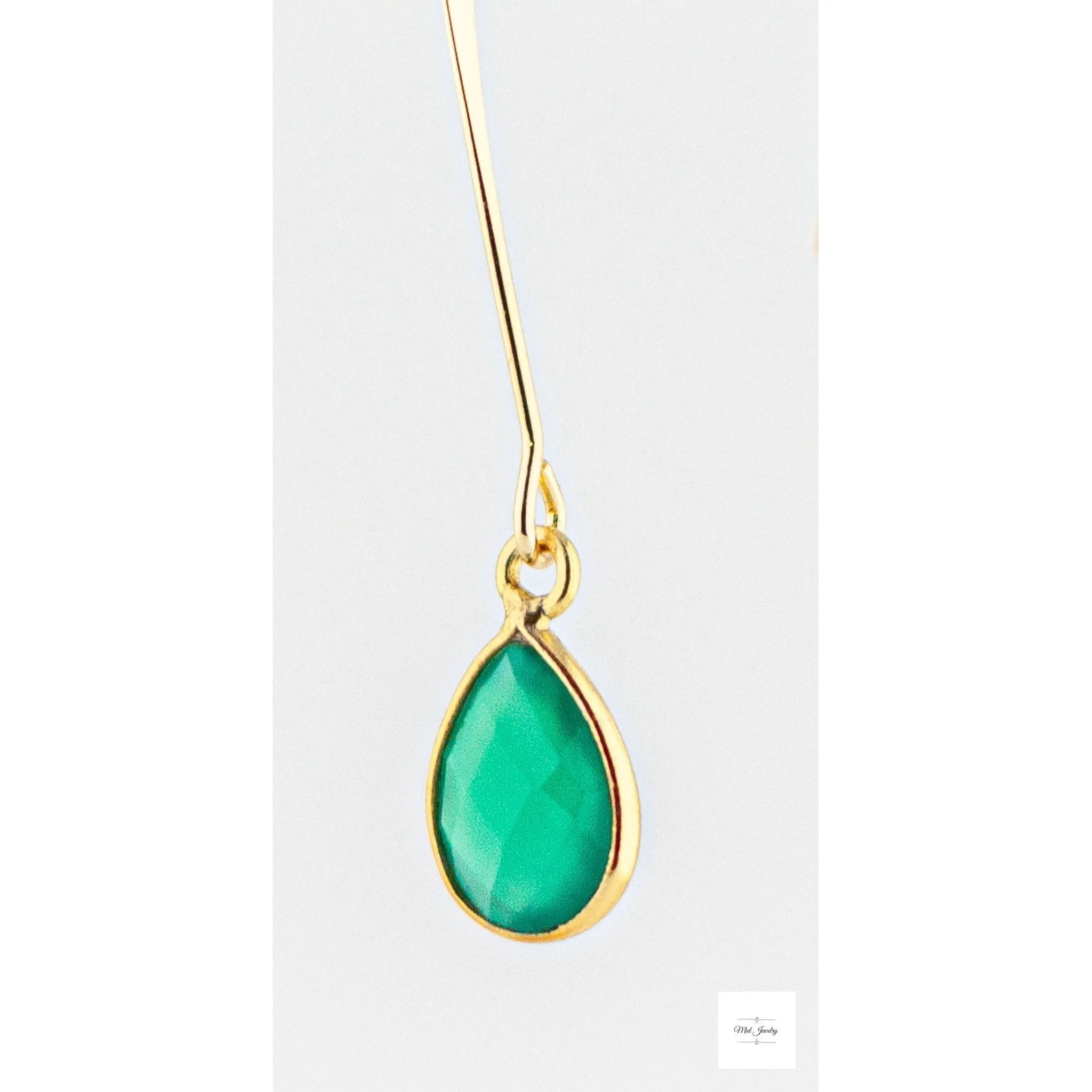Dainty Green Onyx Earrings: Fishhook Style Long Gold Earrings