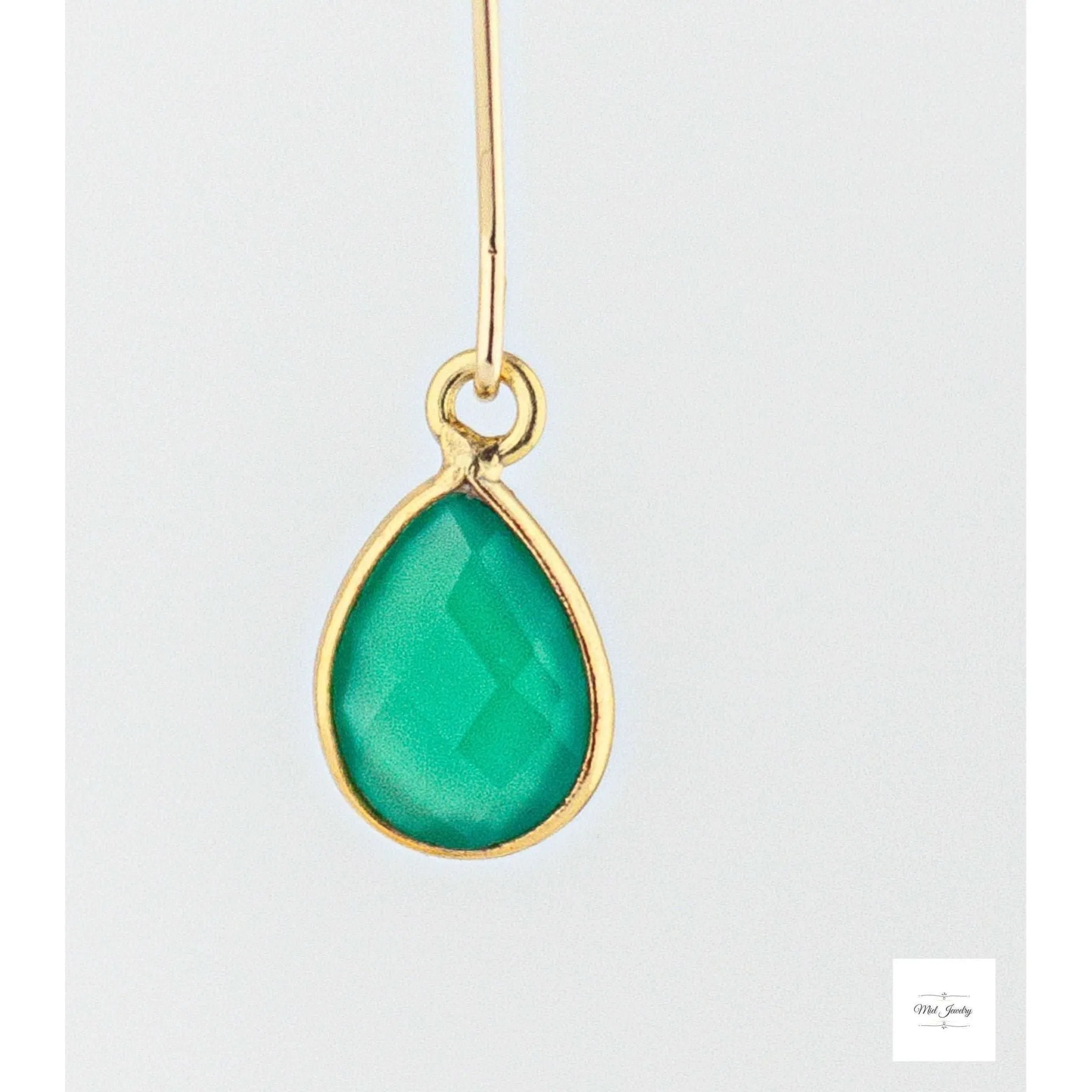 Dainty Green Onyx Earrings: Fishhook Style Long Gold Earrings