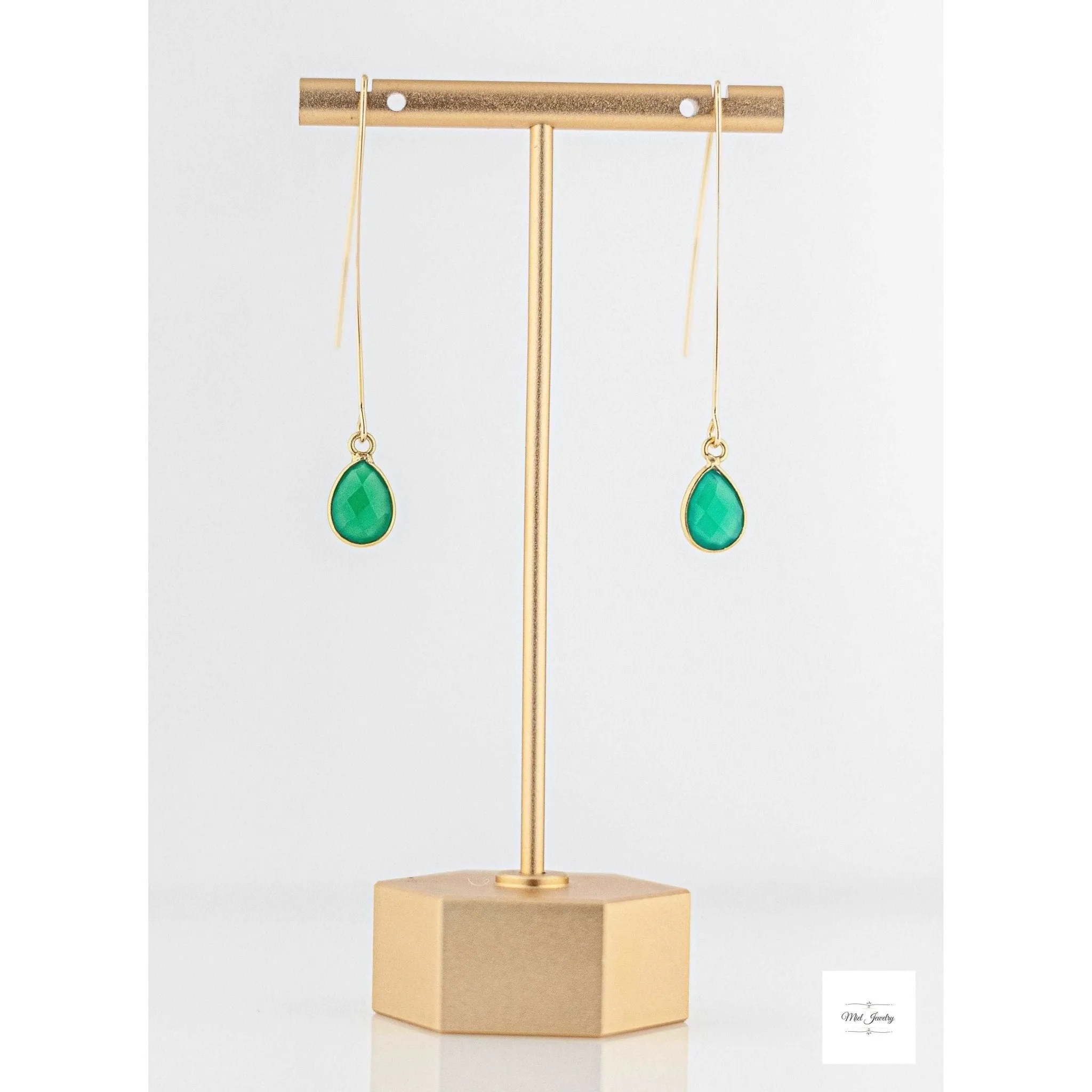Dainty Green Onyx Earrings: Fishhook Style Long Gold Earrings