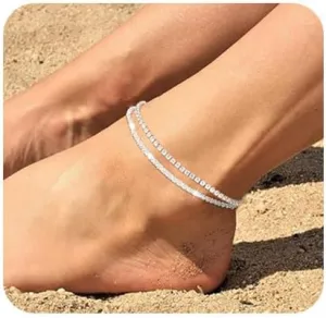 Dainty Layered Waterproof Silver Anklets for Women Silver Ankle Bracelets for Women Adjustable Cute Womens Anklet Set Sparkly Chain Rhinestone Anklets Plus Size Beach Feet Jewelry Gift Non Tarnish