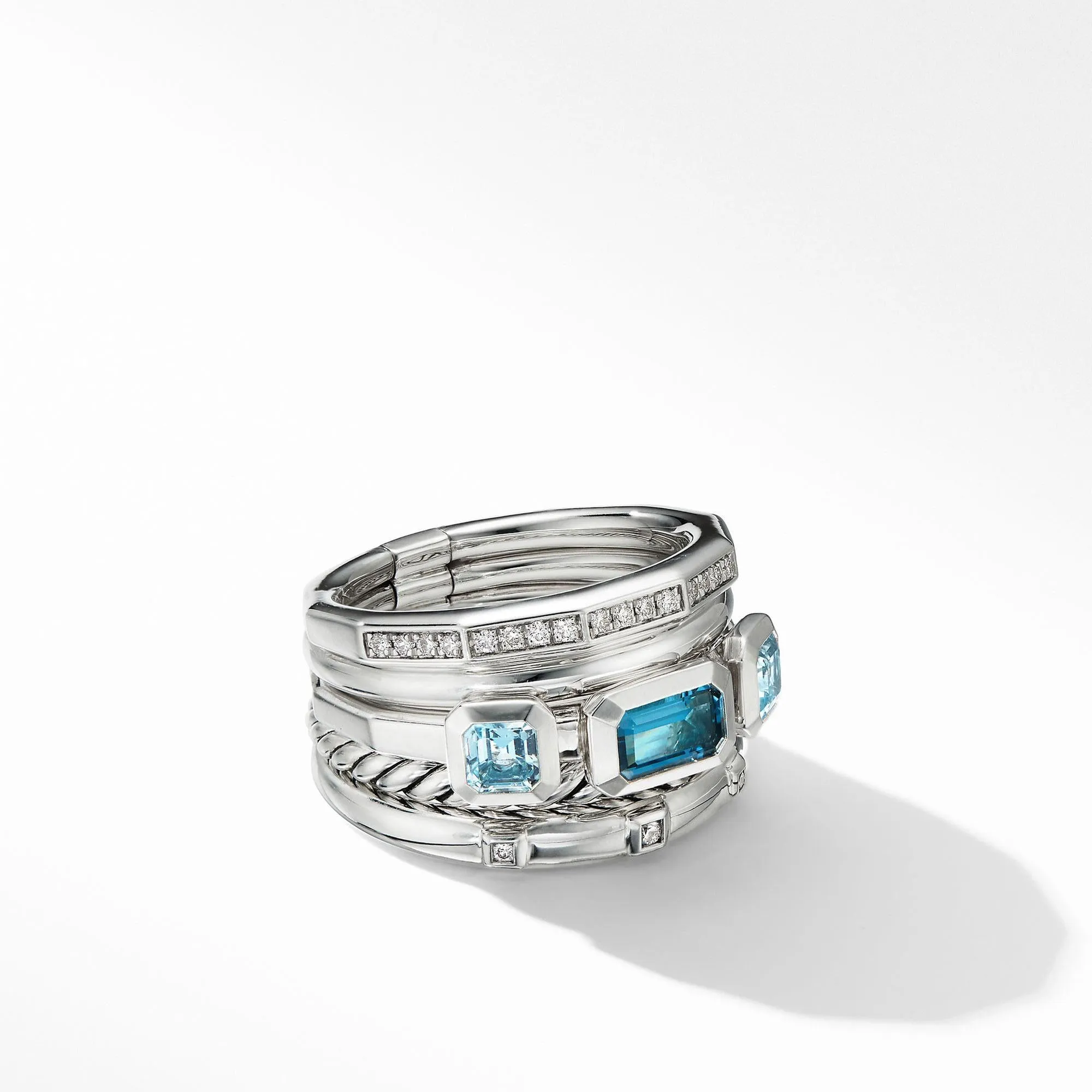 David Yurman Stax Wide Ring with Hampton Blue Topaz and Diamonds - Size 8