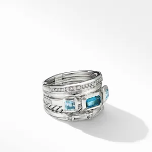 David Yurman Stax Wide Ring with Hampton Blue Topaz and Diamonds - Size 8