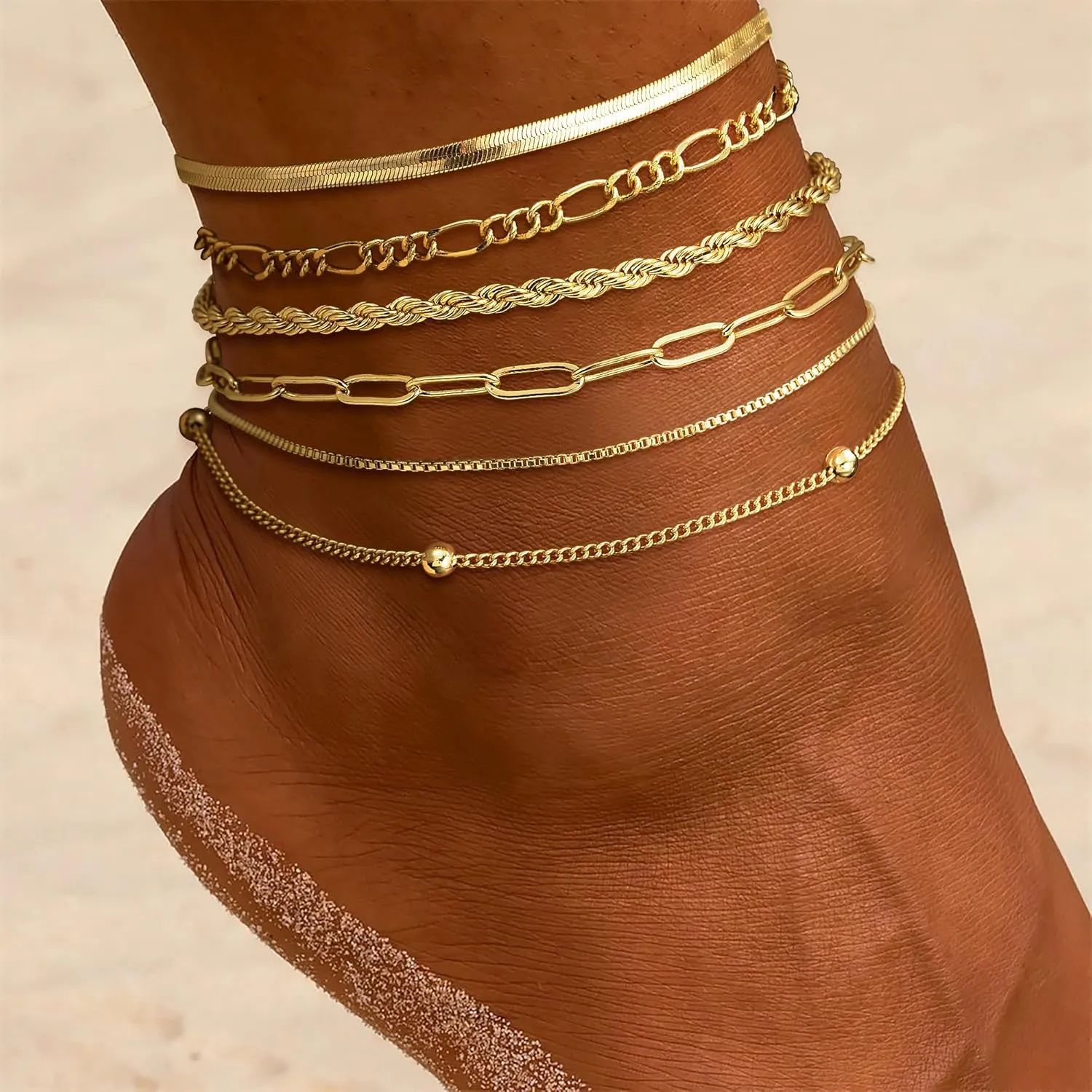 DEARMAY Gold Ankle Bracelets for Women Waterproof - Dainty 6Pcs 14K Gold Plated Anklets Layered Cuban Link Chain Herringbone Cute Anklets Set Pack Summer Beach Jewelry Gift for Women Teen