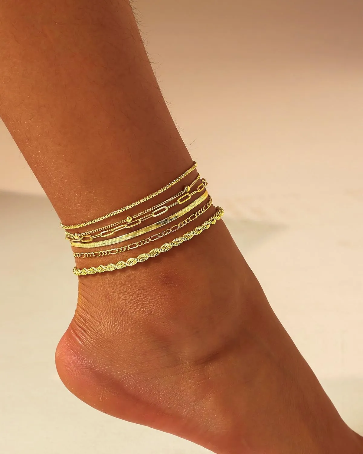 DEARMAY Gold Ankle Bracelets for Women Waterproof - Dainty 6Pcs 14K Gold Plated Anklets Layered Cuban Link Chain Herringbone Cute Anklets Set Pack Summer Beach Jewelry Gift for Women Teen