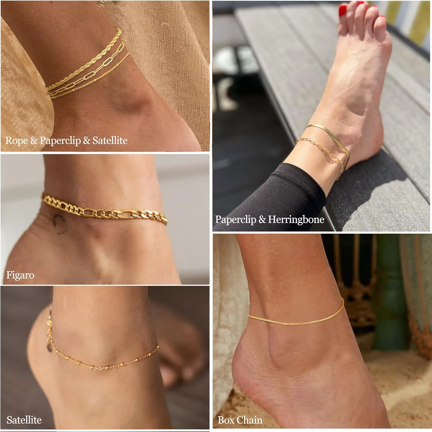 DEARMAY Gold Ankle Bracelets for Women Waterproof - Dainty 6Pcs 14K Gold Plated Anklets Layered Cuban Link Chain Herringbone Cute Anklets Set Pack Summer Beach Jewelry Gift for Women Teen