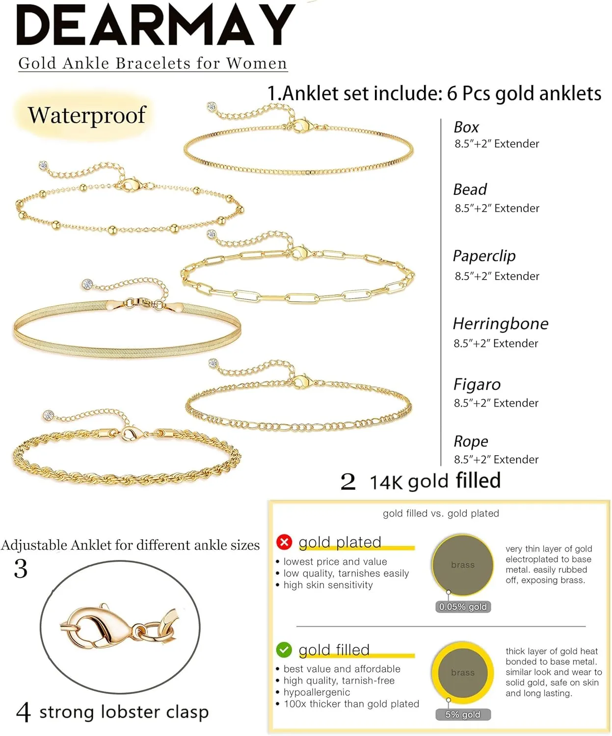 DEARMAY Gold Ankle Bracelets for Women Waterproof - Dainty 6Pcs 14K Gold Plated Anklets Layered Cuban Link Chain Herringbone Cute Anklets Set Pack Summer Beach Jewelry Gift for Women Teen
