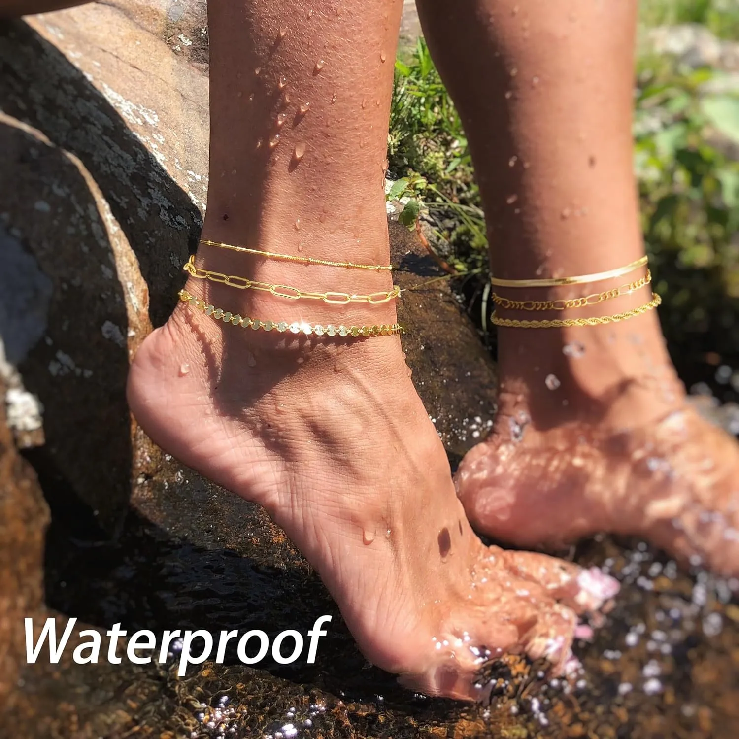 DEARMAY Gold Ankle Bracelets for Women Waterproof - Dainty 6Pcs 14K Gold Plated Anklets Layered Cuban Link Chain Herringbone Cute Anklets Set Pack Summer Beach Jewelry Gift for Women Teen