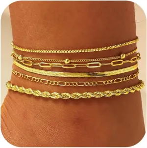 DEARMAY Gold Ankle Bracelets for Women Waterproof - Dainty 6Pcs 14K Gold Plated Anklets Layered Cuban Link Chain Herringbone Cute Anklets Set Pack Summer Beach Jewelry Gift for Women Teen