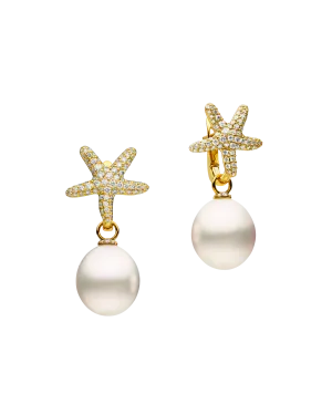 Diamond Starfish Pearls My Way Earrings | 13mm Oval Pearls, Diamonds, and Yellow Gold