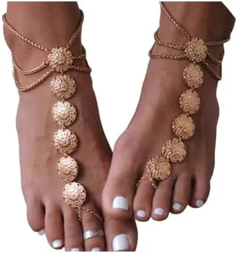 Edary Gypsy Layered Anklet Flower Coin Foot Jewelry Retro Gold Anklet Bracelet Beach Barefoot Sandals with Coin Toe Ring for Women(2pcs)