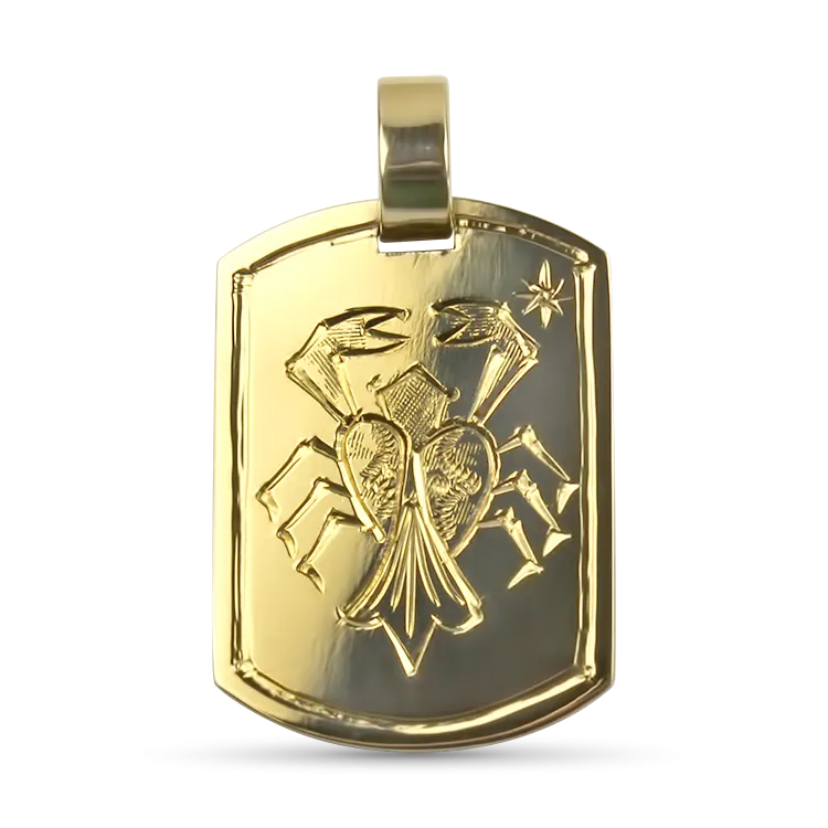 Estate 18K Yellow Gold Cancer Crab Engraved Dog Tag Pendant