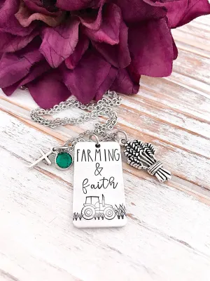Farming And Faith Necklace Wheat Cross Tractor Farm Country Chic Personalized Ag Gift Agriculture Hand Stamped Jewelry Livestock