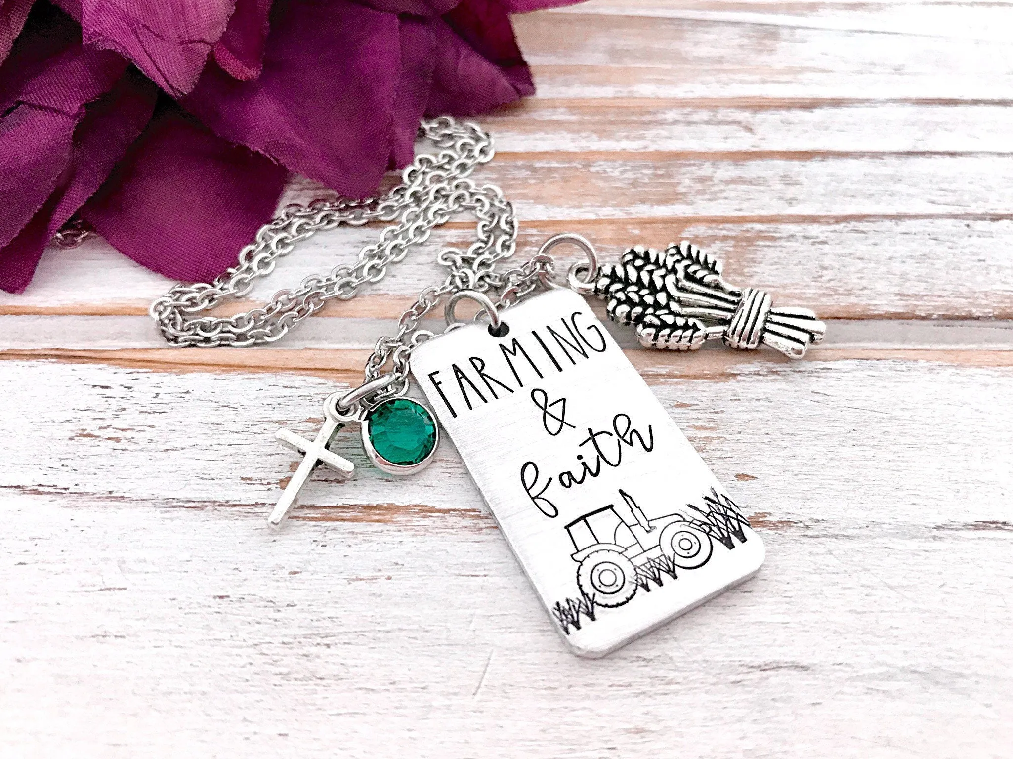 Farming And Faith Necklace Wheat Cross Tractor Farm Country Chic Personalized Ag Gift Agriculture Hand Stamped Jewelry Livestock