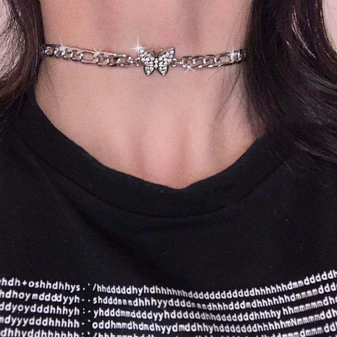 Fashion Simple Full Diamond Butterfly Sweet Necklace Personality Net Red Hip Hop Street Student Necklace