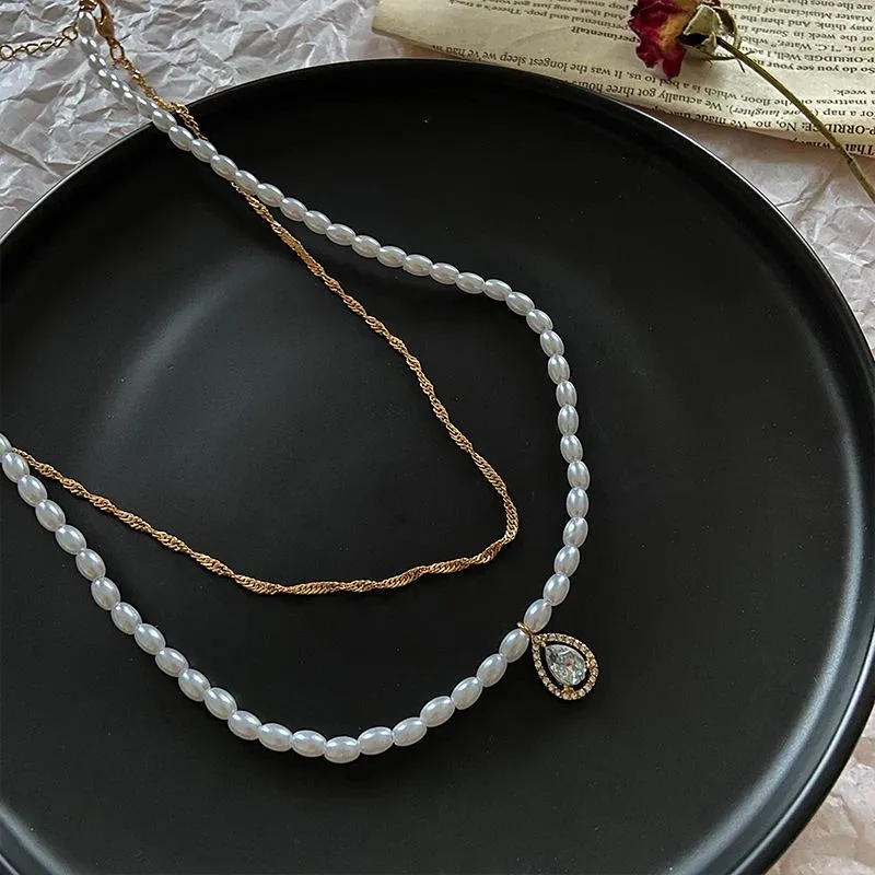 Faux Pearl Pendant Double Necklace Female Simple Temperament Wild Neck Chain Clavicle Chain