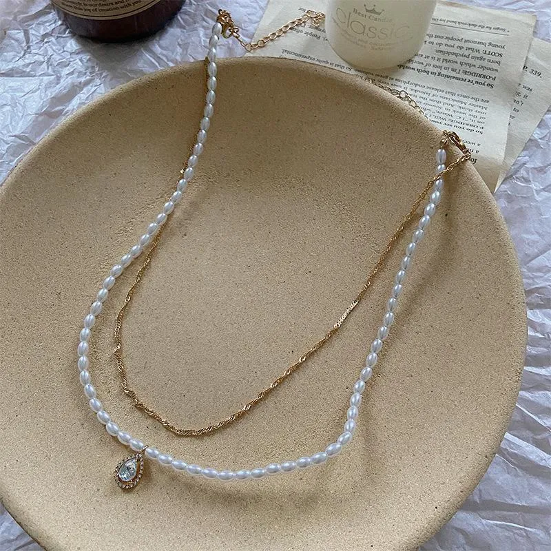 Faux Pearl Pendant Double Necklace Female Simple Temperament Wild Neck Chain Clavicle Chain