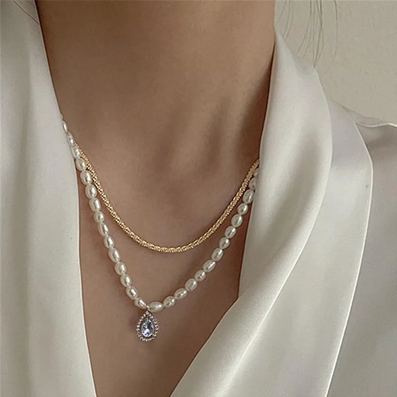 Faux Pearl Pendant Double Necklace Female Simple Temperament Wild Neck Chain Clavicle Chain