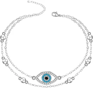 Fenthring Blue Evil Eye Anklet Bracelet Sterling Silver Double Layered Protection Nazr Greek Evil Eye Ankles for Women Turkish Mal De Ojo Summer Boho Beach Mothers Day Gifts