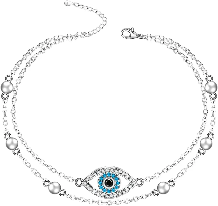 Fenthring Blue Evil Eye Anklet Bracelet Sterling Silver Double Layered Protection Nazr Greek Evil Eye Ankles for Women Turkish Mal De Ojo Summer Boho Beach Mothers Day Gifts