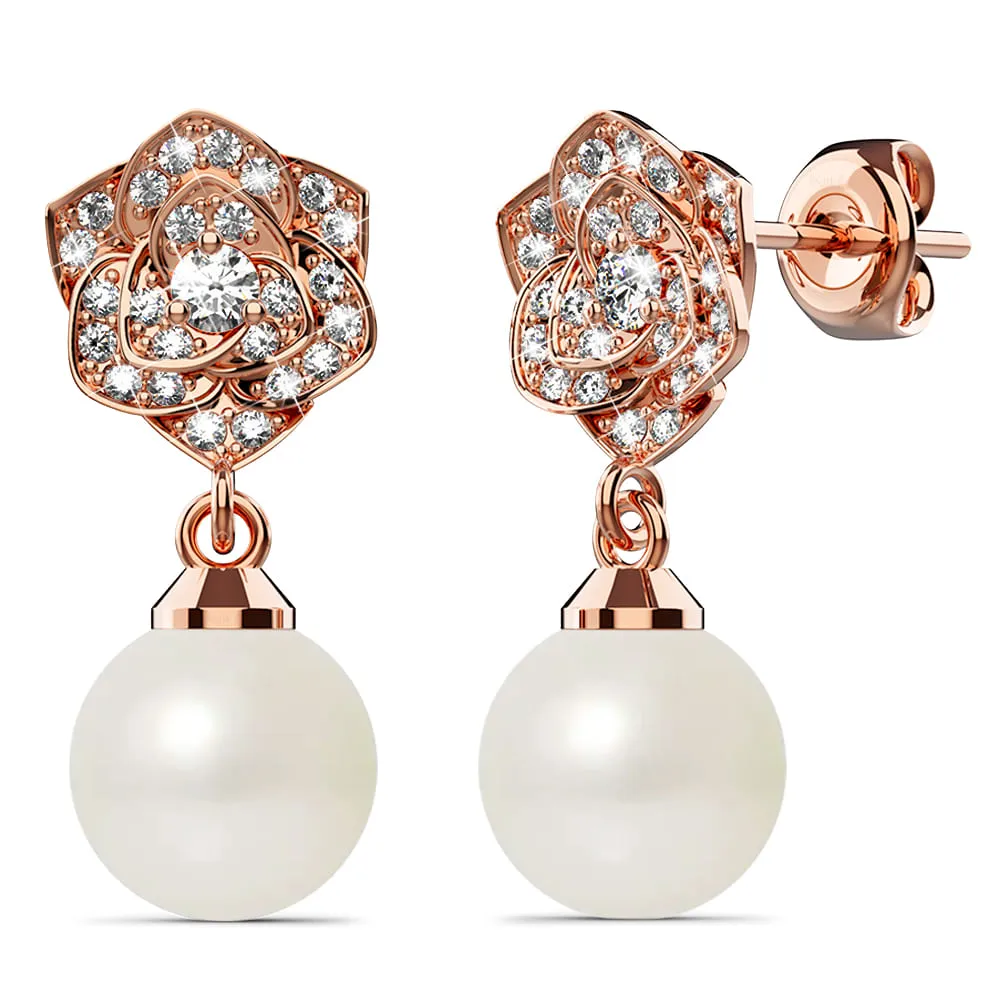 Flower Blush Earrings Embellished with SWAROVSKI® Pearls in Rose Gold
