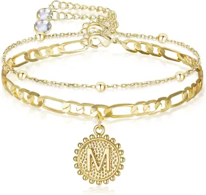 Flyonce Initial Anklets for Women, Dainty Golden Figaro Chain Layered Letter Alphabet Foot Jewelry