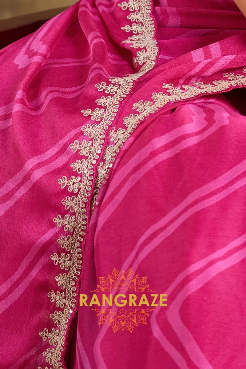 Fuchsia Pink Pure Chiffon Saree with Embroidered Border and Teal Green Blouse