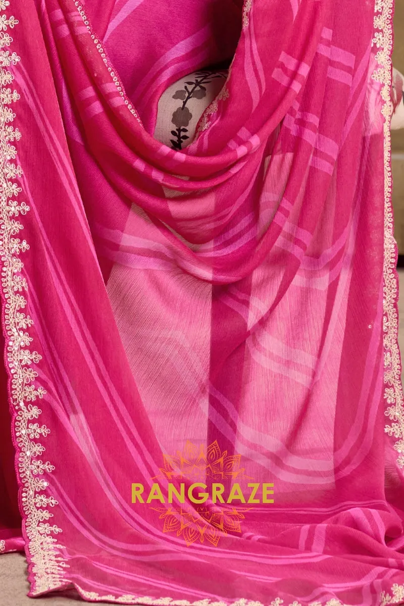 Fuchsia Pink Pure Chiffon Saree with Embroidered Border and Teal Green Blouse