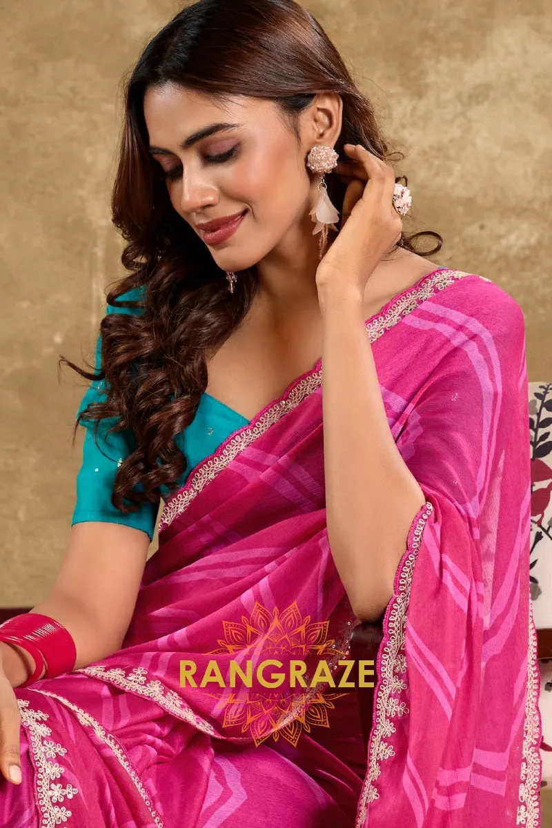 Fuchsia Pink Pure Chiffon Saree with Embroidered Border and Teal Green Blouse