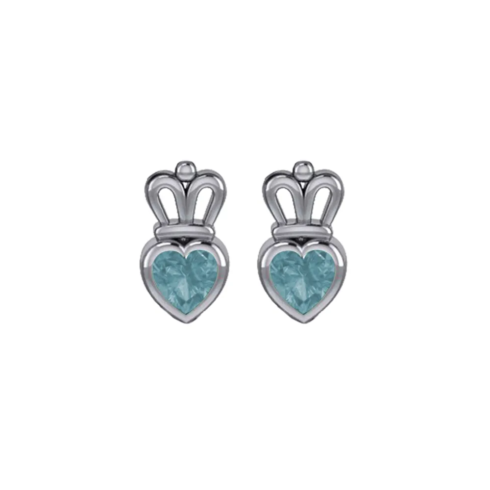 Gemstone Heart With Crown Sterling Silver Post Earrings TER2181