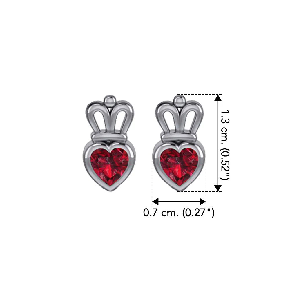 Gemstone Heart With Crown Sterling Silver Post Earrings TER2181