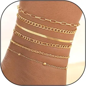 GIGB PBDK Gold Layered Ankle Bracelet Set Adjustable Stacking Herringbone Figaro Cuban Link Anklet Trendy Beach Surfer Jewelry Accessory Gift for Women