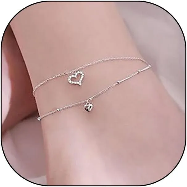GIGB PBDK Rhinestone Layered Beads Heart Anklets for Women,14K Gold Plated Cubic Zirconia Love Anklets Boho Prom Party Adjustable Long Chain Jewelry Gifts