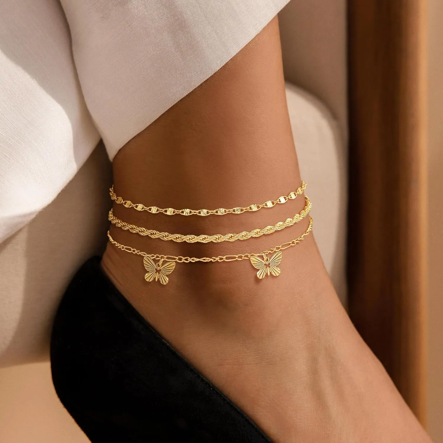 Gold Ankle Bracelets for women, 14K Gold Plated 3-Layered Anklets Set, Waterproof Stackable CZ Figaro Link Chain Heart butterfly Anklet Trendy Jewelry Gift for Women