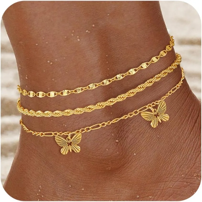 Gold Ankle Bracelets for women, 14K Gold Plated 3-Layered Anklets Set, Waterproof Stackable CZ Figaro Link Chain Heart butterfly Anklet Trendy Jewelry Gift for Women