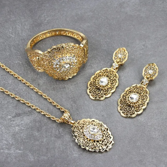 Gold Color Jewelry Sets Drop Earring Cuff Bracelet, Bangle, Pendant, Necklace