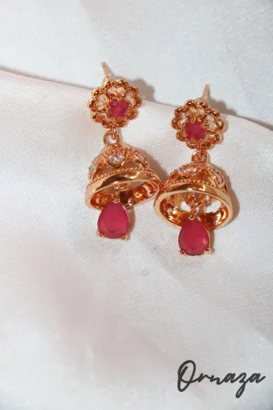 Gold-Plated Floral Jhumka Earrings with Ruby Red Accents – A Blend of Tradition and Elegance