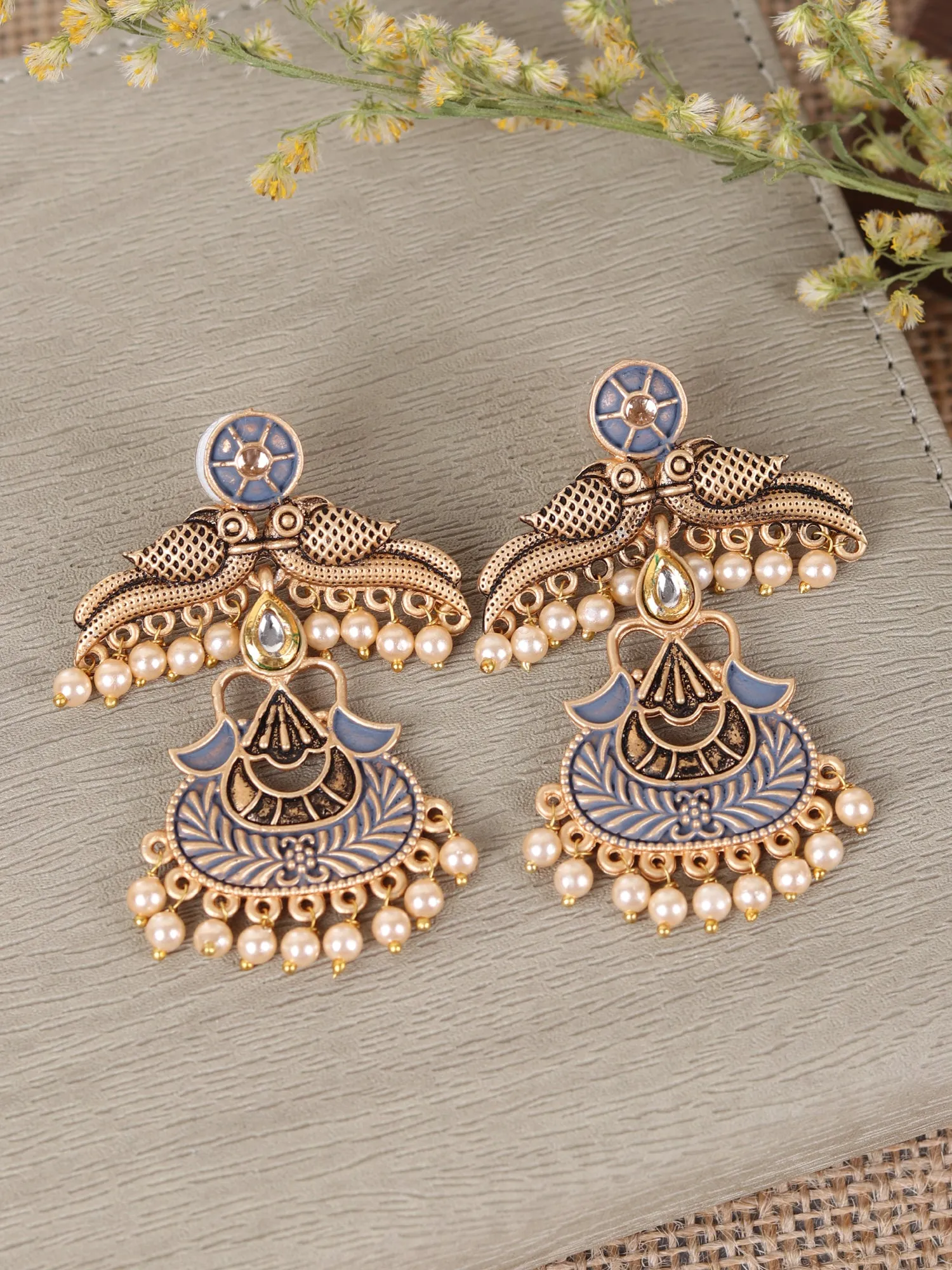 Gold Plated Peach Peacock Pearl Drop Earrings