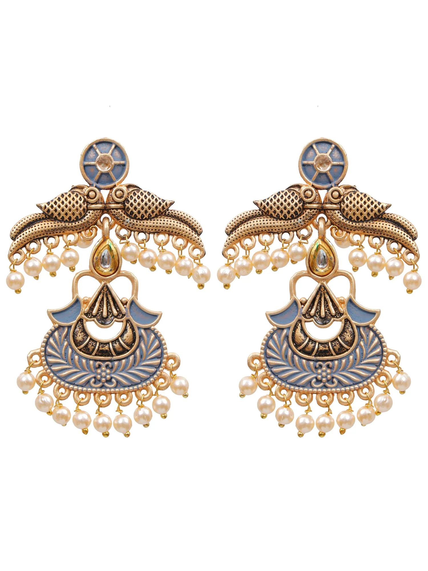 Gold Plated Peach Peacock Pearl Drop Earrings