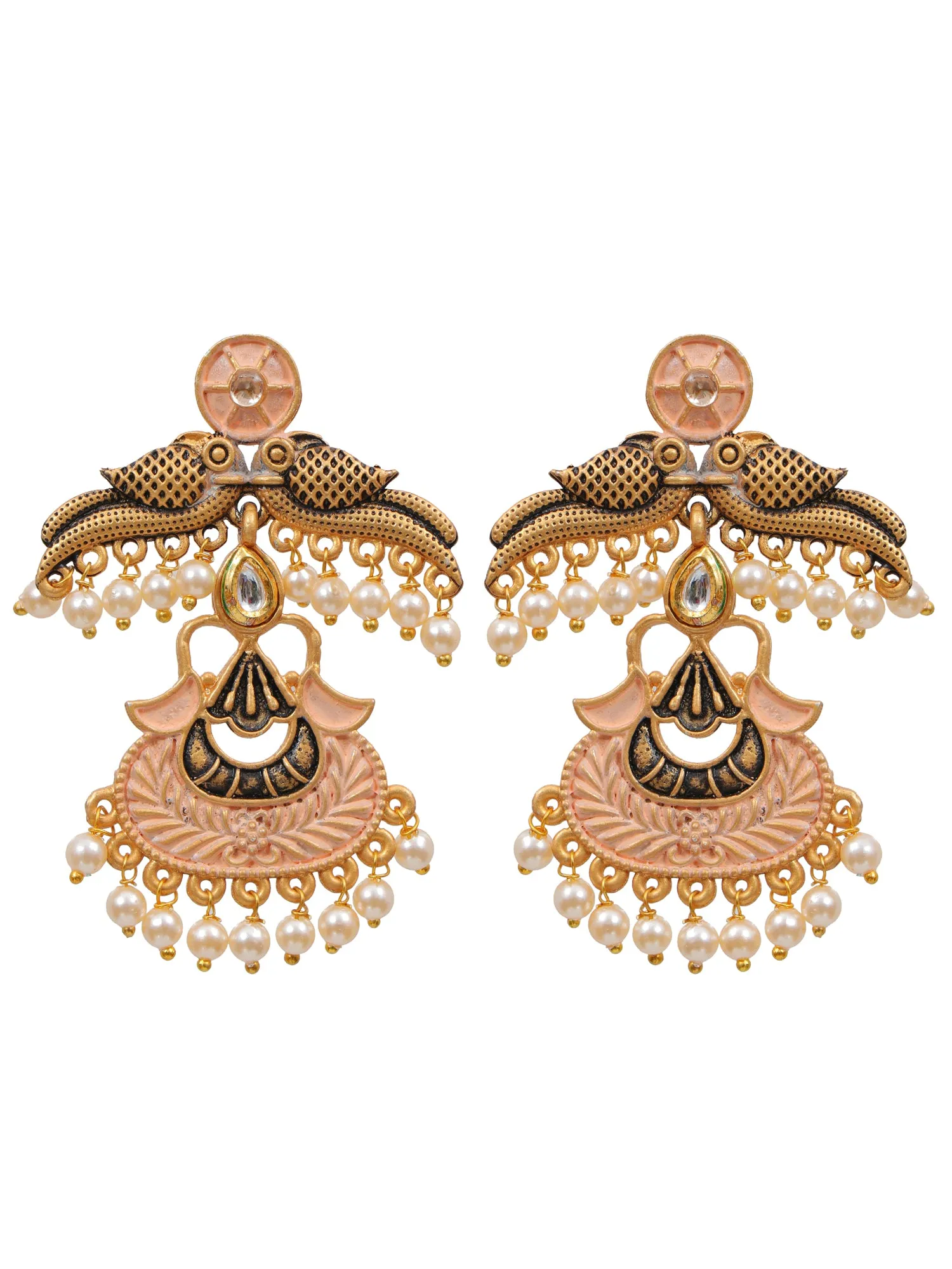 Gold Plated Peach Peacock Pearl Drop Earrings