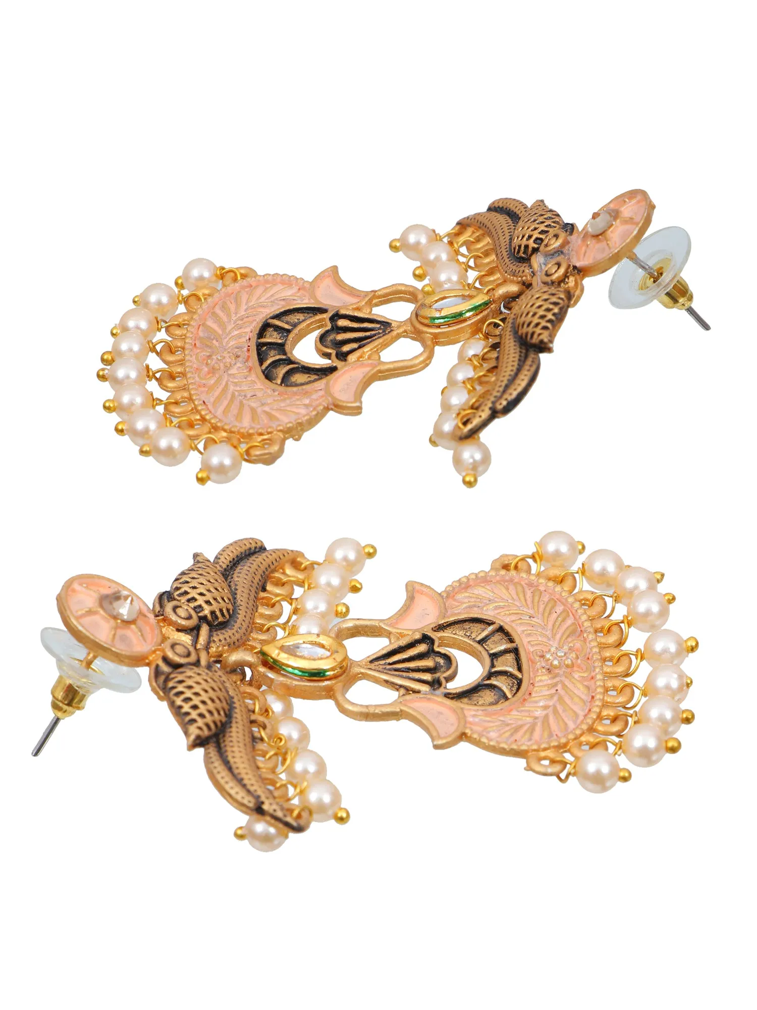 Gold Plated Peach Peacock Pearl Drop Earrings