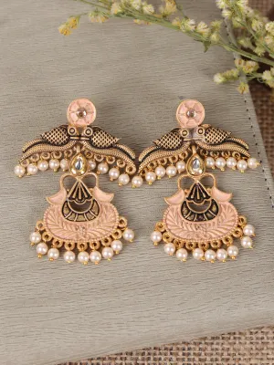 Gold Plated Peach Peacock Pearl Drop Earrings