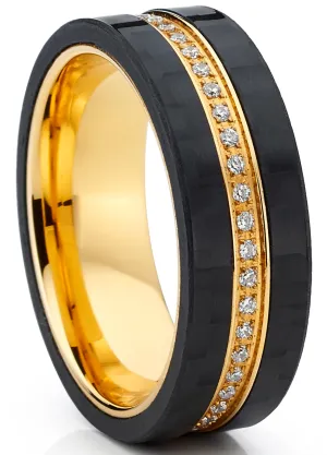 GoldTone Titanium Men's Eternity Wedding Band Ring with Cubic Zirconia CZ and Carbon Fiber Edges