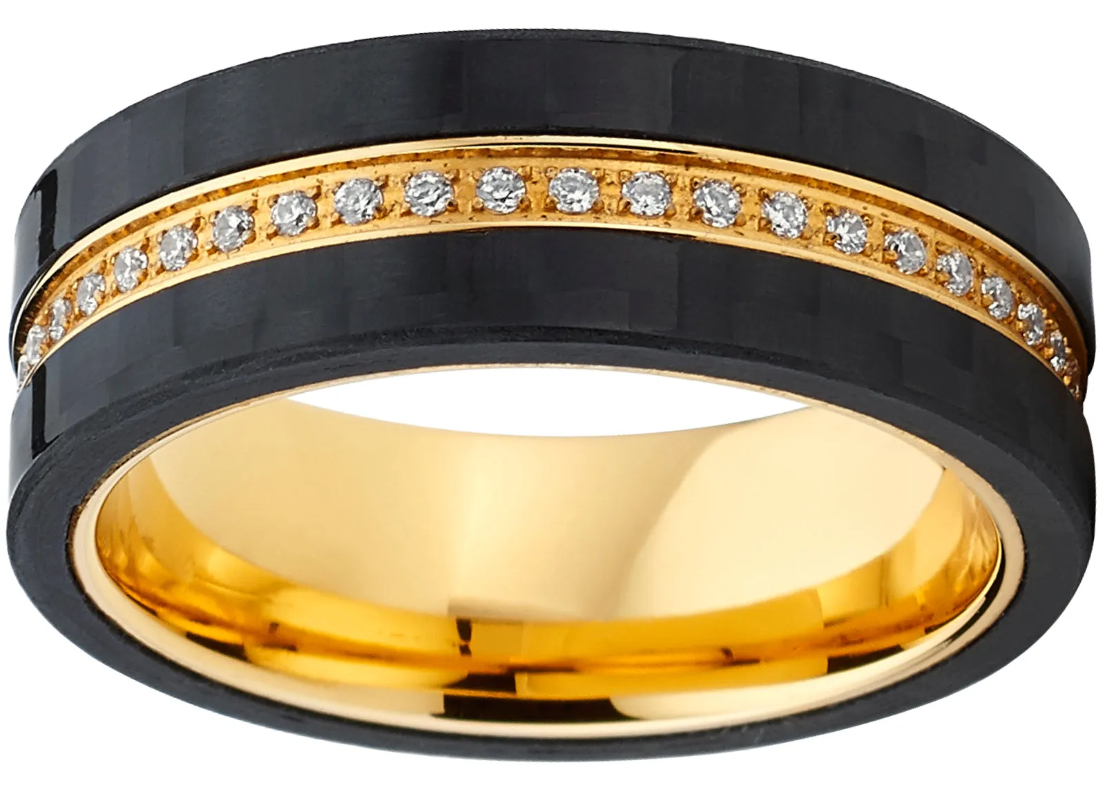 GoldTone Titanium Men's Eternity Wedding Band Ring with Cubic Zirconia CZ and Carbon Fiber Edges