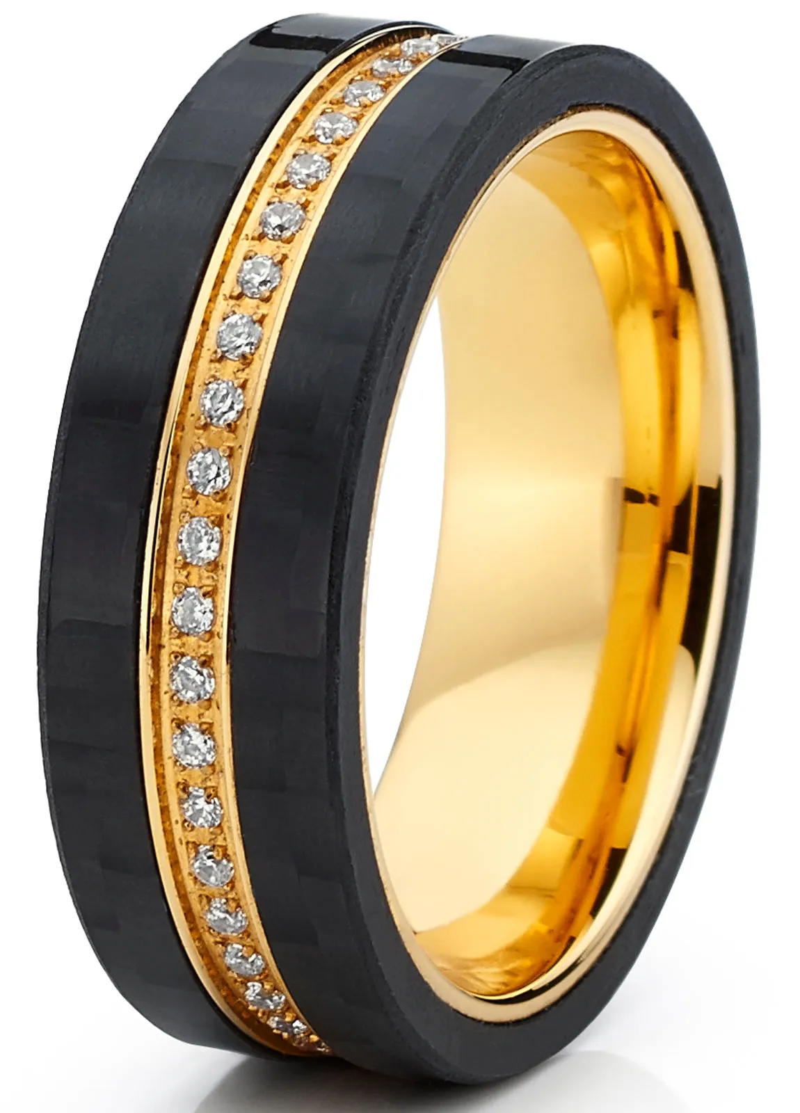 GoldTone Titanium Men's Eternity Wedding Band Ring with Cubic Zirconia CZ and Carbon Fiber Edges