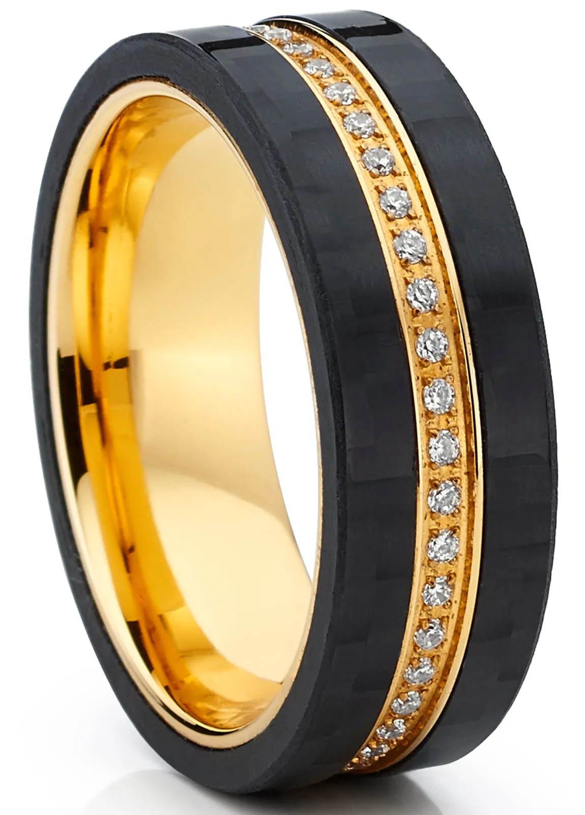 GoldTone Titanium Men's Eternity Wedding Band Ring with Cubic Zirconia CZ and Carbon Fiber Edges