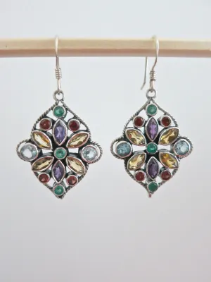 Gorgeous, artistic multi-color gemstones dangle earrings