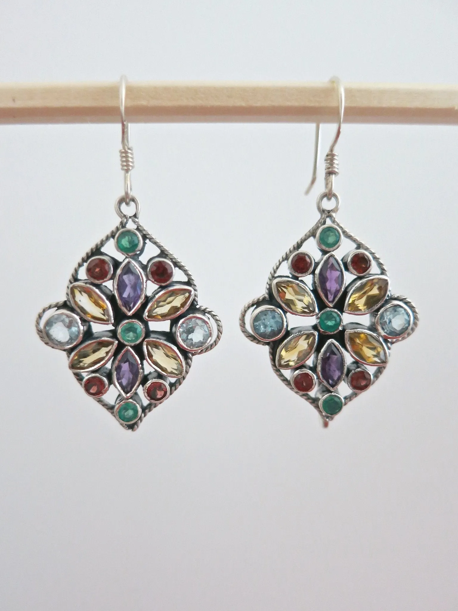 Gorgeous, artistic multi-color gemstones dangle earrings