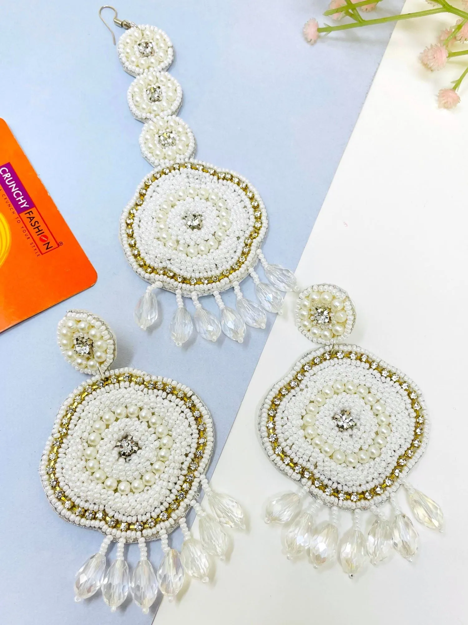 Graceful Elegance: Handcrafted White Beaded Floral Earrings & Tikka Set for Special Occasions